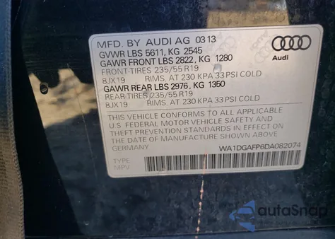 2013 Audi Q5 Premium Plus from USA, damaged, VIN WA1DGAFP6DA082074